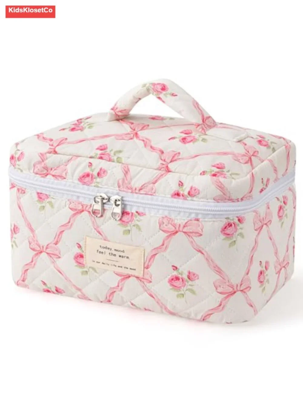 Large Travel Quilted Makeup Bag Bow Cotton Cosmetic Toiletry Organizer